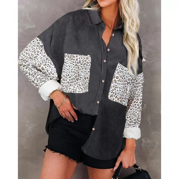 imageBTFBM Women Corduroy Shacket Jacket 2023 Long Sleeve Button Down Casual Plaid Flannel Shirts Boyfriend Fall Blouses TopsTurndown Black