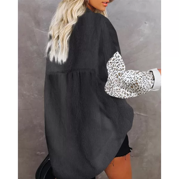 imageBTFBM Women Corduroy Shacket Jacket 2023 Long Sleeve Button Down Casual Plaid Flannel Shirts Boyfriend Fall Blouses TopsTurndown Black