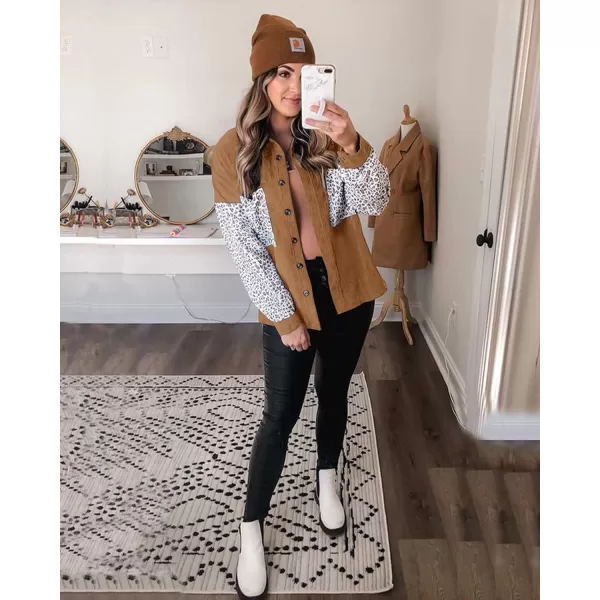 imageBTFBM Women Corduroy Shacket Jacket 2023 Long Sleeve Button Down Casual Plaid Flannel Shirts Boyfriend Fall Blouses TopsTurndown Brown