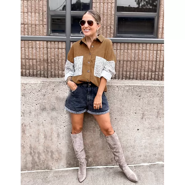 imageBTFBM Women Corduroy Shacket Jacket 2023 Long Sleeve Button Down Casual Plaid Flannel Shirts Boyfriend Fall Blouses TopsTurndown Brown