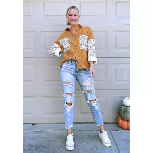 imageBTFBM Women Corduroy Shacket Jacket 2023 Long Sleeve Button Down Casual Plaid Flannel Shirts Boyfriend Fall Blouses TopsTurndown Brown