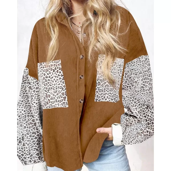 imageBTFBM Women Corduroy Shacket Jacket 2023 Long Sleeve Button Down Casual Plaid Flannel Shirts Boyfriend Fall Blouses TopsTurndown Brown