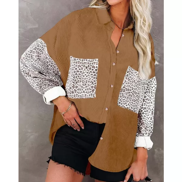 imageBTFBM Women Corduroy Shacket Jacket 2023 Long Sleeve Button Down Casual Plaid Flannel Shirts Boyfriend Fall Blouses TopsTurndown Brown