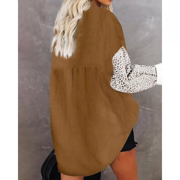 imageBTFBM Women Corduroy Shacket Jacket 2023 Long Sleeve Button Down Casual Plaid Flannel Shirts Boyfriend Fall Blouses TopsTurndown Brown