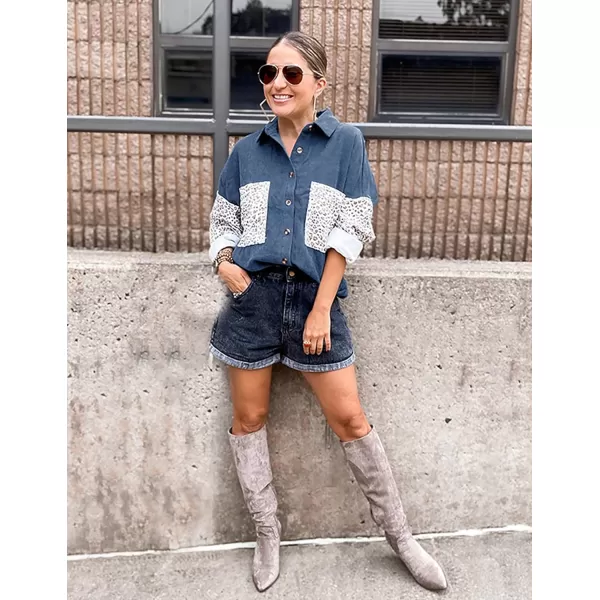 imageBTFBM Women Corduroy Shacket Jacket 2023 Long Sleeve Button Down Casual Plaid Flannel Shirts Boyfriend Fall Blouses TopsTurndown Dark Blue