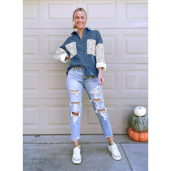 imageBTFBM Women Corduroy Shacket Jacket 2023 Long Sleeve Button Down Casual Plaid Flannel Shirts Boyfriend Fall Blouses TopsTurndown Dark Blue