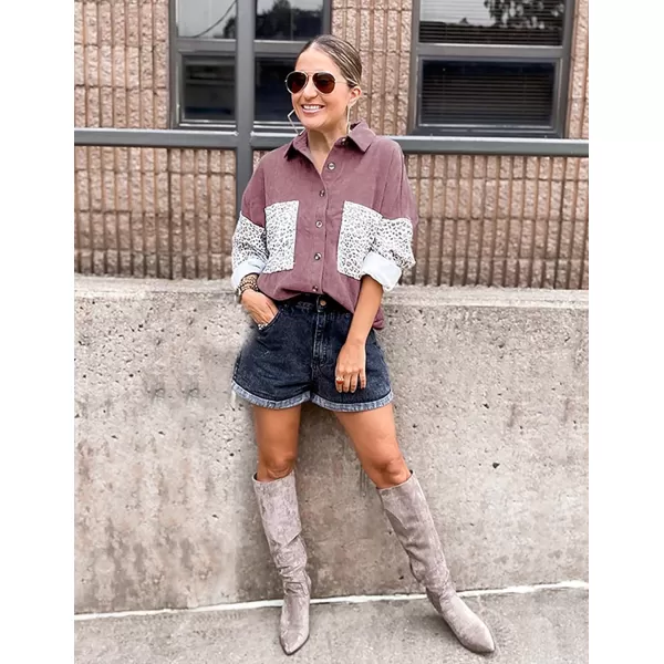 imageBTFBM Women Corduroy Shacket Jacket 2023 Long Sleeve Button Down Casual Plaid Flannel Shirts Boyfriend Fall Blouses TopsTurndown Pink