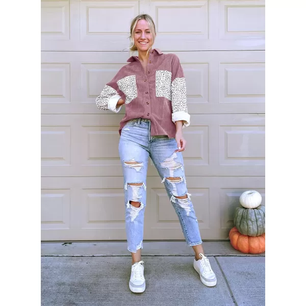 imageBTFBM Women Corduroy Shacket Jacket 2023 Long Sleeve Button Down Casual Plaid Flannel Shirts Boyfriend Fall Blouses TopsTurndown Pink