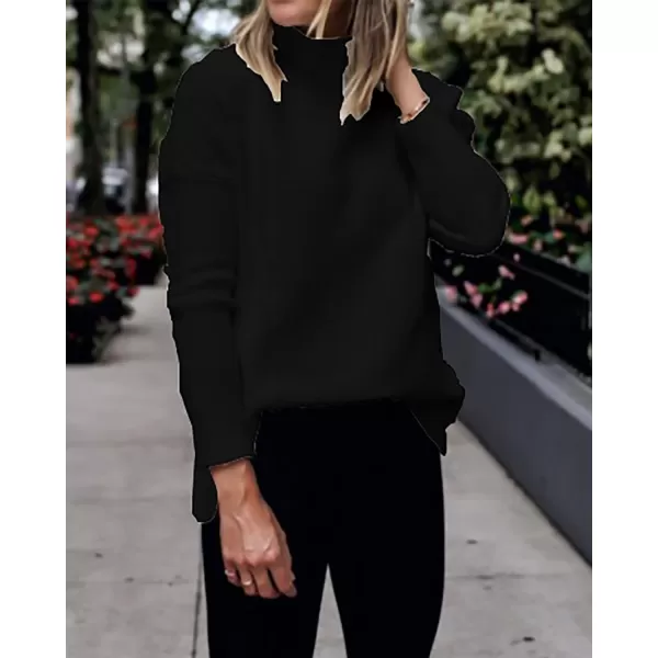 imageBTFBM Women Cozy Long Sleeve Mock Neck Fashion Sweaters Soft Solid Color Ribbed Knit Casual Fall Winter Pullover SweaterSolid Black