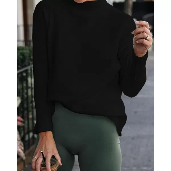 imageBTFBM Women Cozy Long Sleeve Mock Neck Fashion Sweaters Soft Solid Color Ribbed Knit Casual Fall Winter Pullover SweaterSolid Black