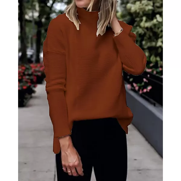 imageBTFBM Women Cozy Long Sleeve Mock Neck Fashion Sweaters Soft Solid Color Ribbed Knit Casual Fall Winter Pullover SweaterSolid Brown