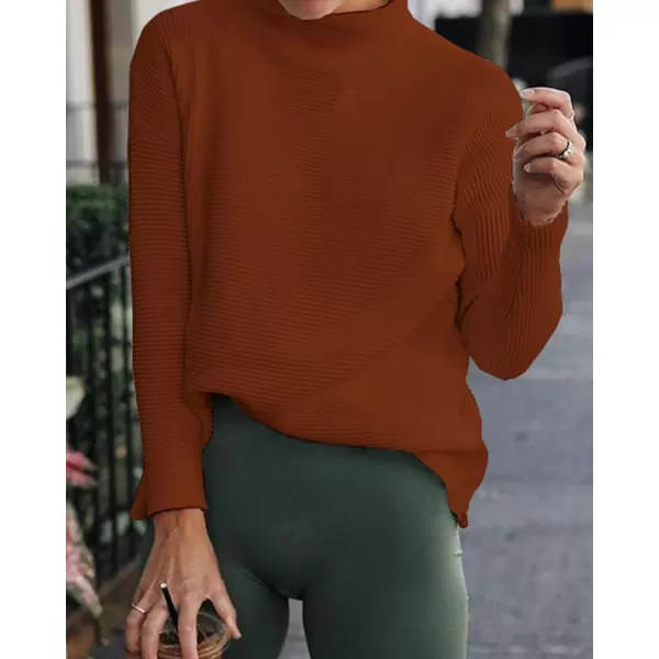 imageBTFBM Women Cozy Long Sleeve Mock Neck Fashion Sweaters Soft Solid Color Ribbed Knit Casual Fall Winter Pullover SweaterSolid Brown