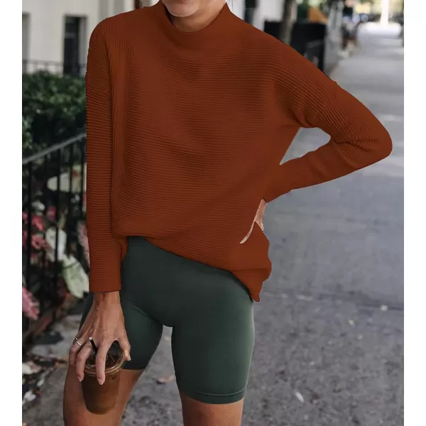 imageBTFBM Women Cozy Long Sleeve Mock Neck Fashion Sweaters Soft Solid Color Ribbed Knit Casual Fall Winter Pullover SweaterSolid Brown