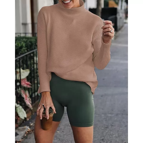 imageBTFBM Women Cozy Long Sleeve Mock Neck Fashion Sweaters Soft Solid Color Ribbed Knit Casual Fall Winter Pullover SweaterSolid Khaki