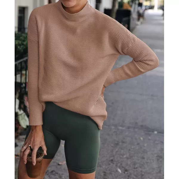 imageBTFBM Women Cozy Long Sleeve Mock Neck Fashion Sweaters Soft Solid Color Ribbed Knit Casual Fall Winter Pullover SweaterSolid Khaki