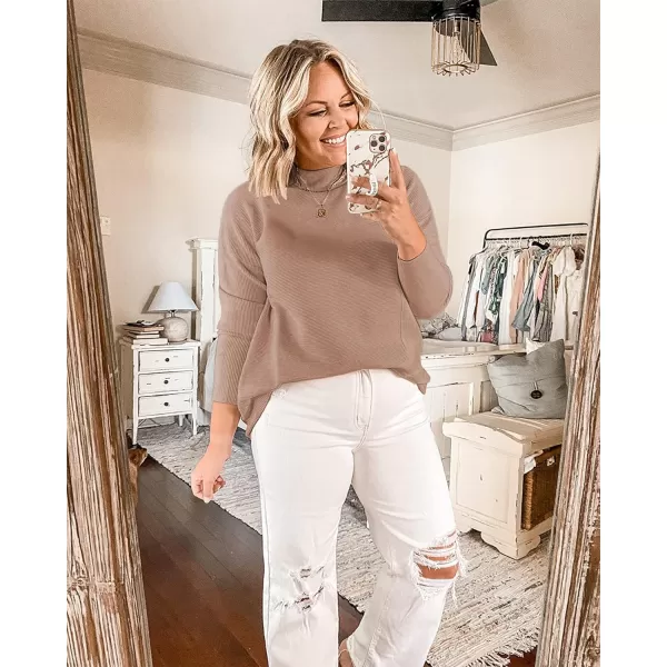 imageBTFBM Women Cozy Long Sleeve Mock Neck Fashion Sweaters Soft Solid Color Ribbed Knit Casual Fall Winter Pullover SweaterSolid Khaki