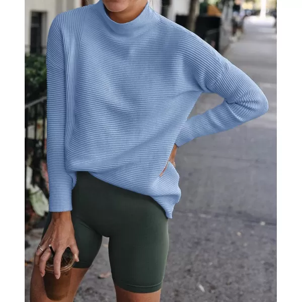 imageBTFBM Women Cozy Long Sleeve Mock Neck Fashion Sweaters Soft Solid Color Ribbed Knit Casual Fall Winter Pullover SweaterSolid Light Blue