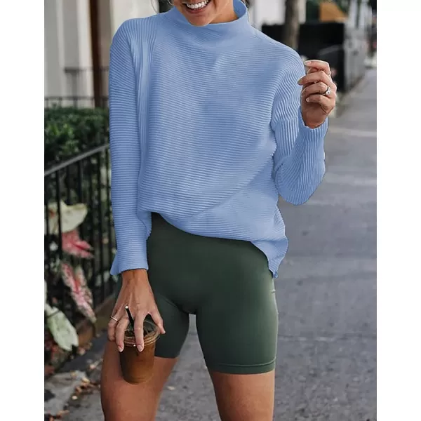 imageBTFBM Women Cozy Long Sleeve Mock Neck Fashion Sweaters Soft Solid Color Ribbed Knit Casual Fall Winter Pullover SweaterSolid Light Blue