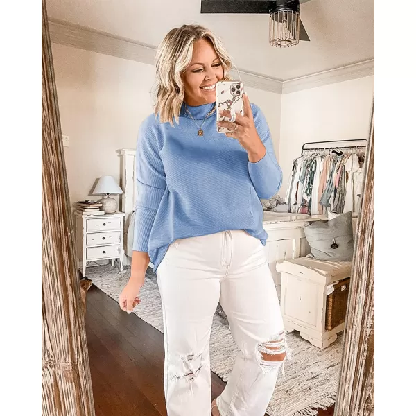 imageBTFBM Women Cozy Long Sleeve Mock Neck Fashion Sweaters Soft Solid Color Ribbed Knit Casual Fall Winter Pullover SweaterSolid Light Blue