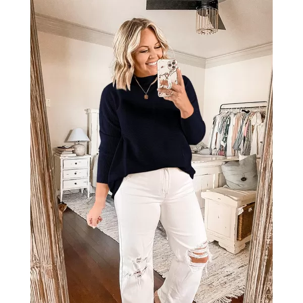 imageBTFBM Women Cozy Long Sleeve Mock Neck Fashion Sweaters Soft Solid Color Ribbed Knit Casual Fall Winter Pullover SweaterSolid Navy
