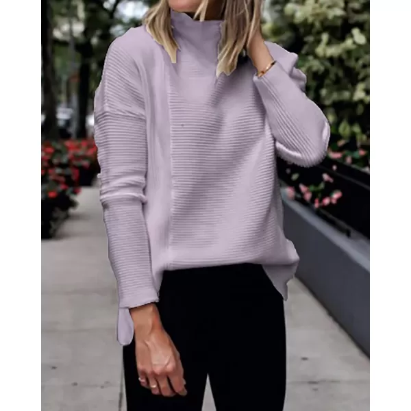 imageBTFBM Women Cozy Long Sleeve Mock Neck Fashion Sweaters Soft Solid Color Ribbed Knit Casual Fall Winter Pullover SweaterSolid Purple
