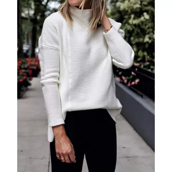 imageBTFBM Women Cozy Long Sleeve Mock Neck Fashion Sweaters Soft Solid Color Ribbed Knit Casual Fall Winter Pullover SweaterSolid White