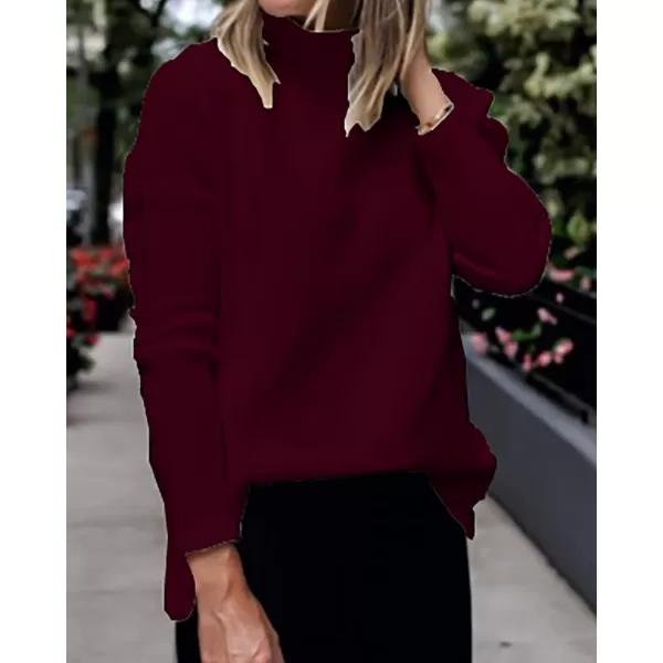 imageBTFBM Women Cozy Long Sleeve Mock Neck Fashion Sweaters Soft Solid Color Ribbed Knit Casual Fall Winter Pullover SweaterSolid Wine Red