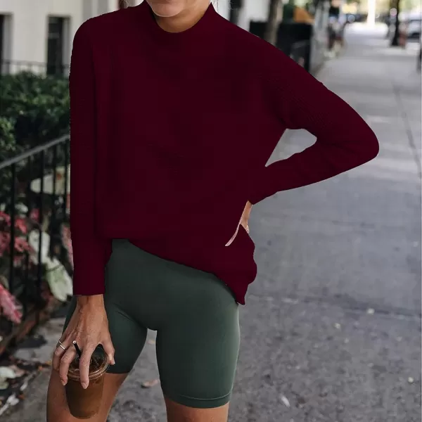 imageBTFBM Women Cozy Long Sleeve Mock Neck Fashion Sweaters Soft Solid Color Ribbed Knit Casual Fall Winter Pullover SweaterSolid Wine Red