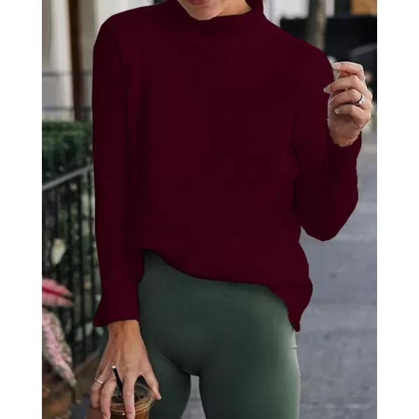 imageBTFBM Women Cozy Long Sleeve Mock Neck Fashion Sweaters Soft Solid Color Ribbed Knit Casual Fall Winter Pullover SweaterSolid Wine Red