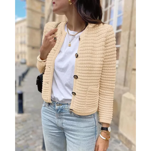 imageBTFBM Women Cropped Cardigan Sweaters Fall Fashion Button Down Long Sleeve Chunky Knit Open Front Sweater OuterwearSolid Beige