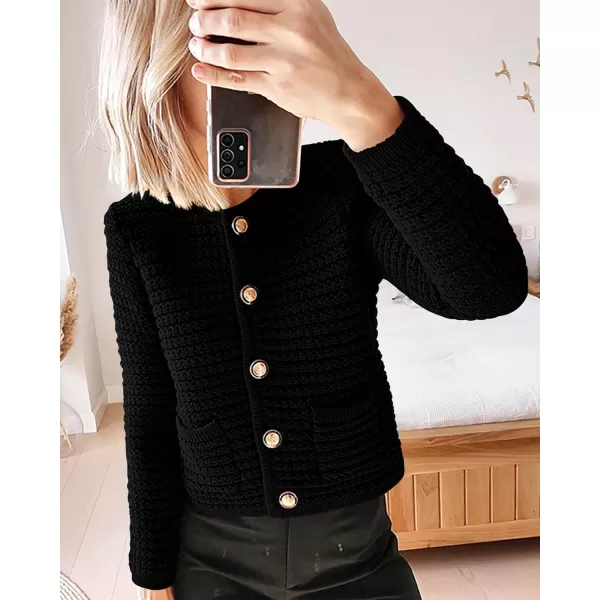 imageBTFBM Women Cropped Cardigan Sweaters Fall Fashion Button Down Long Sleeve Chunky Knit Open Front Sweater OuterwearSolid Black