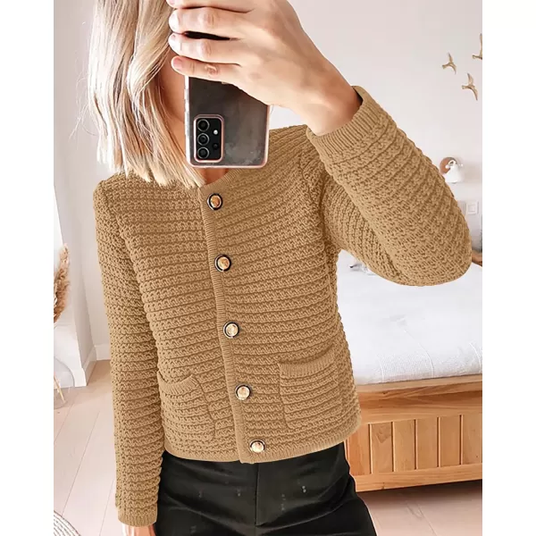 imageBTFBM Women Cropped Cardigan Sweaters Fall Fashion Button Down Long Sleeve Chunky Knit Open Front Sweater OuterwearSolid Khaki
