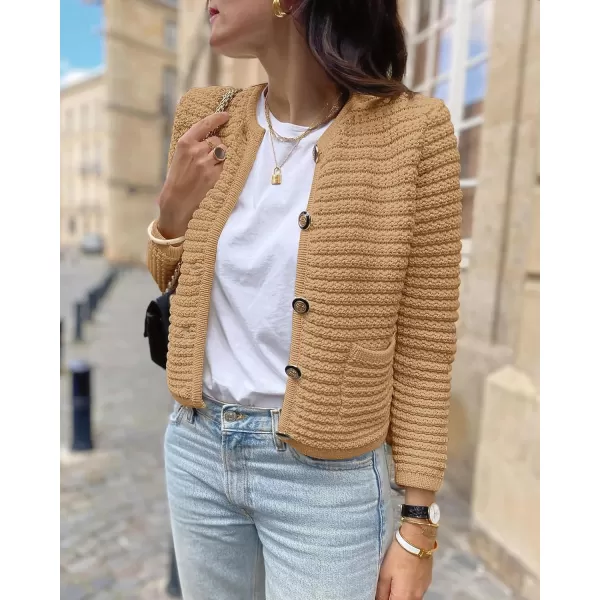 imageBTFBM Women Cropped Cardigan Sweaters Fall Fashion Button Down Long Sleeve Chunky Knit Open Front Sweater OuterwearSolid Khaki