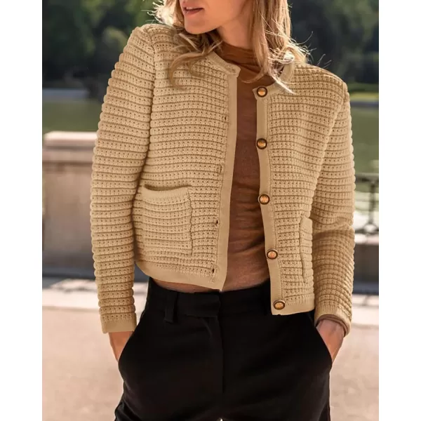 imageBTFBM Women Cropped Cardigan Sweaters Fall Fashion Button Down Long Sleeve Chunky Knit Open Front Sweater OuterwearSolid Khaki