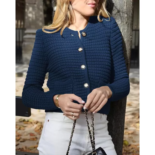imageBTFBM Women Cropped Cardigan Sweaters Fall Fashion Button Down Long Sleeve Chunky Knit Open Front Sweater OuterwearSolid Navy