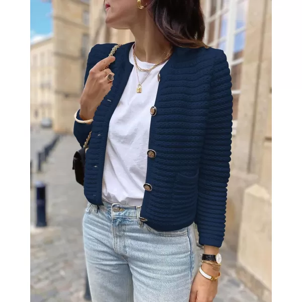 imageBTFBM Women Cropped Cardigan Sweaters Fall Fashion Button Down Long Sleeve Chunky Knit Open Front Sweater OuterwearSolid Navy