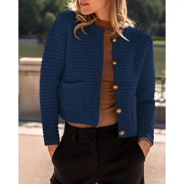 imageBTFBM Women Cropped Cardigan Sweaters Fall Fashion Button Down Long Sleeve Chunky Knit Open Front Sweater OuterwearSolid Navy