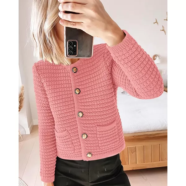 imageBTFBM Women Cropped Cardigan Sweaters Fall Fashion Button Down Long Sleeve Chunky Knit Open Front Sweater OuterwearSolid Pink