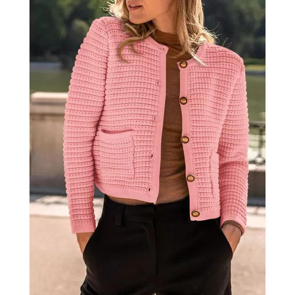 imageBTFBM Women Cropped Cardigan Sweaters Fall Fashion Button Down Long Sleeve Chunky Knit Open Front Sweater OuterwearSolid Pink