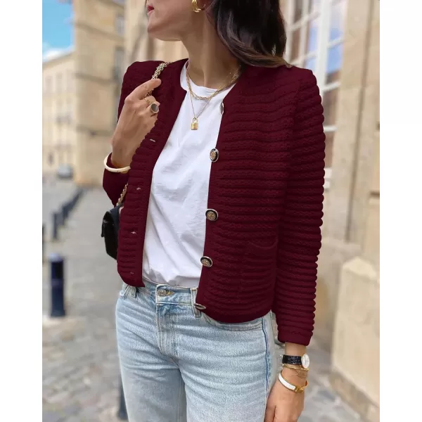 imageBTFBM Women Cropped Cardigan Sweaters Fall Fashion Button Down Long Sleeve Chunky Knit Open Front Sweater OuterwearSolid Wine Red