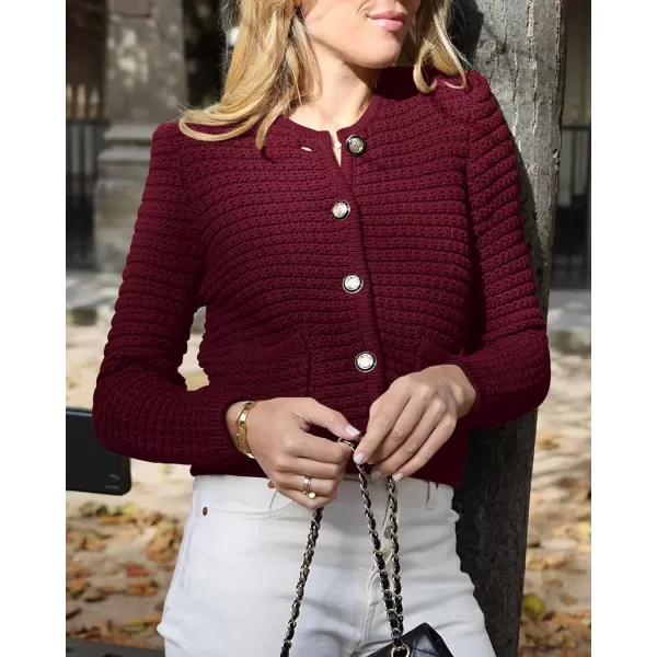 imageBTFBM Women Cropped Cardigan Sweaters Fall Fashion Button Down Long Sleeve Chunky Knit Open Front Sweater OuterwearSolid Wine Red