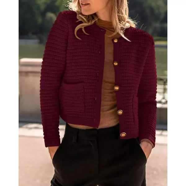imageBTFBM Women Cropped Cardigan Sweaters Fall Fashion Button Down Long Sleeve Chunky Knit Open Front Sweater OuterwearSolid Wine Red