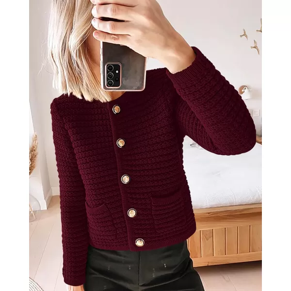 imageBTFBM Women Cropped Cardigan Sweaters Fall Fashion Button Down Long Sleeve Chunky Knit Open Front Sweater OuterwearSolid Wine Red