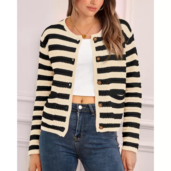 imageBTFBM Women Cropped Cardigan Sweaters Fall Fashion Button Down Long Sleeve Chunky Knit Open Front Sweater OuterwearStriped Beige Black