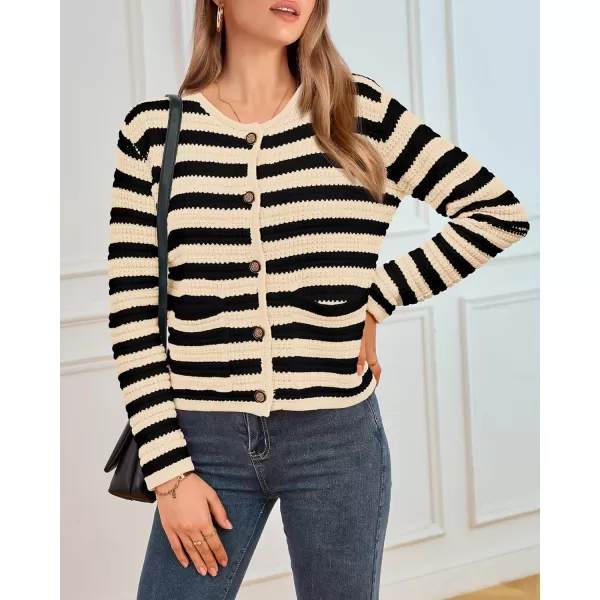imageBTFBM Women Cropped Cardigan Sweaters Fall Fashion Button Down Long Sleeve Chunky Knit Open Front Sweater OuterwearStriped Beige Black