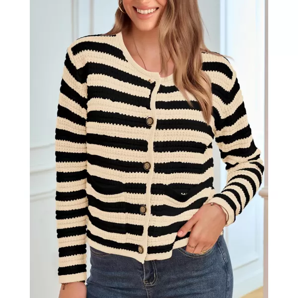 imageBTFBM Women Cropped Cardigan Sweaters Fall Fashion Button Down Long Sleeve Chunky Knit Open Front Sweater OuterwearStriped Beige Black