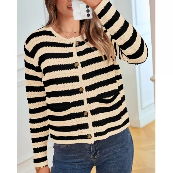 imageBTFBM Women Cropped Cardigan Sweaters Fall Fashion Button Down Long Sleeve Chunky Knit Open Front Sweater OuterwearStriped Beige Black