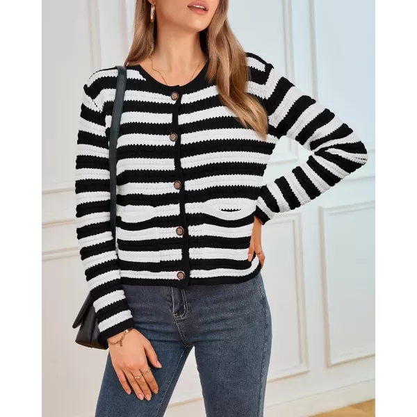 imageBTFBM Women Cropped Cardigan Sweaters Fall Fashion Button Down Long Sleeve Chunky Knit Open Front Sweater OuterwearStriped Black White