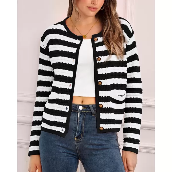 imageBTFBM Women Cropped Cardigan Sweaters Fall Fashion Button Down Long Sleeve Chunky Knit Open Front Sweater OuterwearStriped Black White