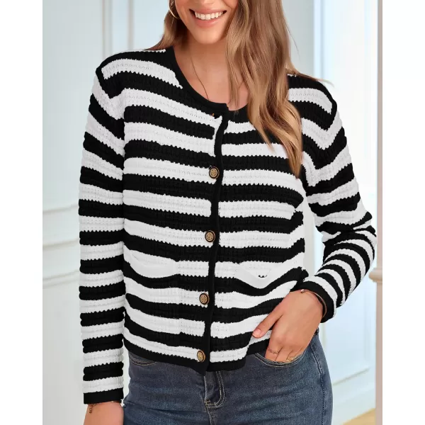 imageBTFBM Women Cropped Cardigan Sweaters Fall Fashion Button Down Long Sleeve Chunky Knit Open Front Sweater OuterwearStriped Black White